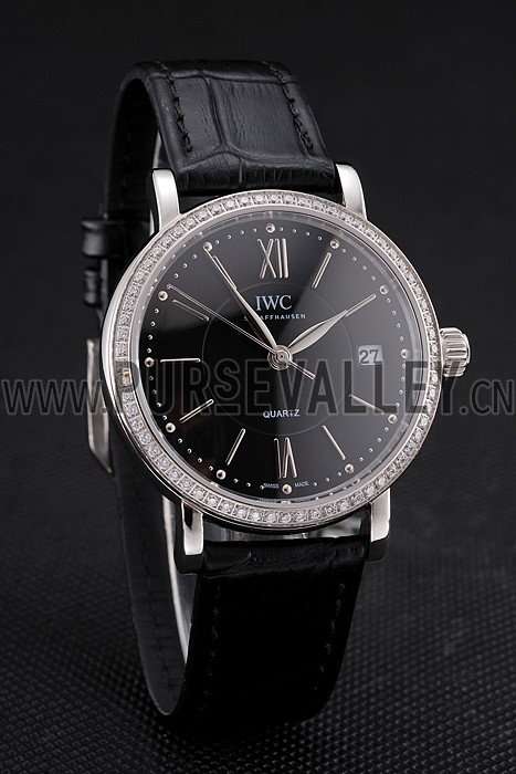 IWC Portofino Black Dial Stainless Steel Case Diamonds Bezel Black Leather Strap