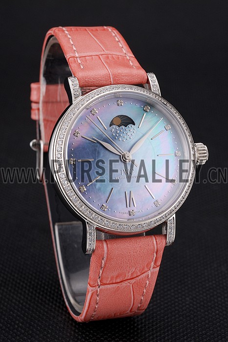 IWC Portofino Moon Phase Mother Of Pearl Dial Stainless Steel Case Diamonds Bezel Pink Leather Strap