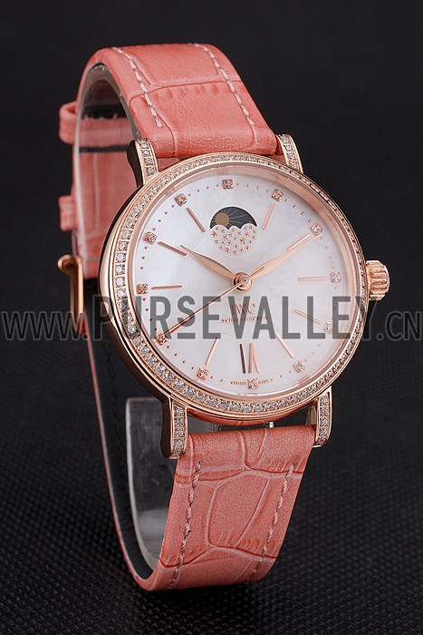 IWC Portofino Moon Phase Silver Dial Rose Gold Case Diamonds Bezel Pink Leather Strap