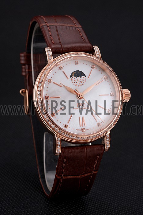 IWC Portofino Moon Phase Silver Dial Rose Gold Case Diamonds Bezel Brown Leather Strap