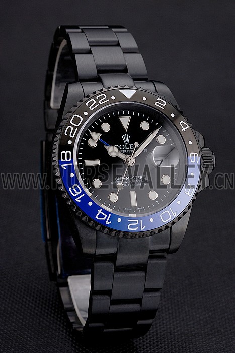 Swiss Rolex GMT Master II Black Dial Blue And Black Bezel Black PVD Case And Bracelet
