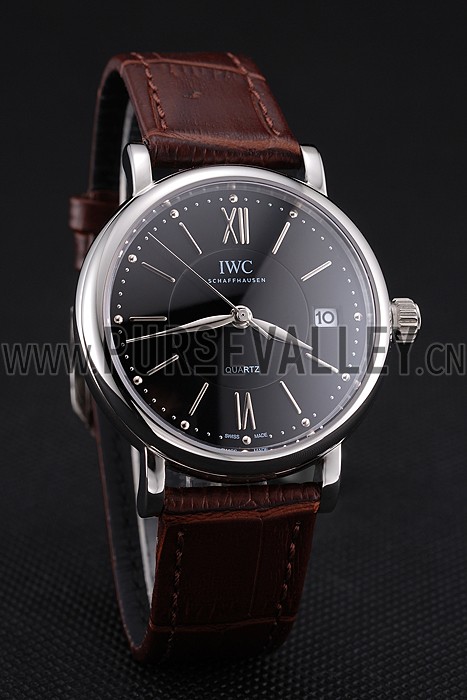 IWC Portofino Black Dial Stainless Steel Case Brown Leather Strap