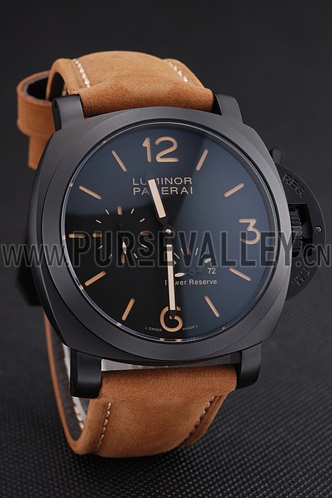 Panerai Luminor 1950 3 Days Power Reserve Black Dial Black Case Brown Suede Leather Strap