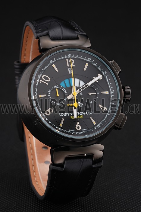 Louis Vuitton Tambour LV Cup Regate Black Dial Black PVD Case Black Leather Strap