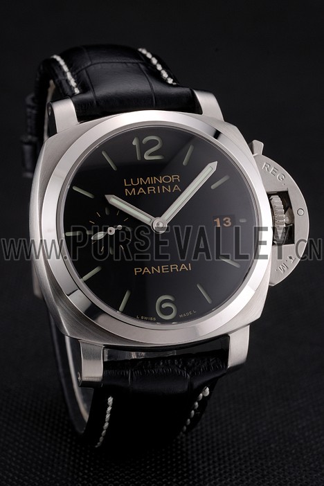 Swiss Panerai Luminor Marina Date Black Dial Stainless Steel Case Black Leather Strap