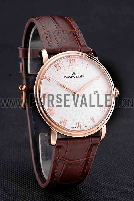 Blancpain Villeret Ultra Slim White Groved Dial Gold Numerals Rose Gold Case Brown Leather Strap
