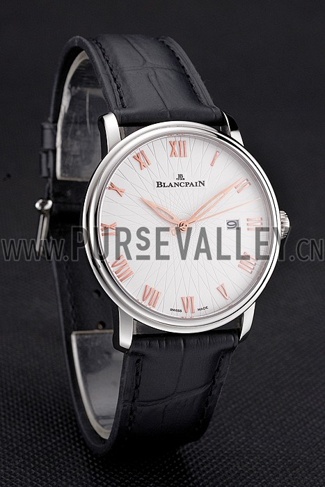Blancpain Villeret Ultra Slim White Groved Dial Gold Numerals Stainless Steel Case Black Leather Strap