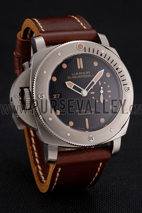 Swiss Panerai Submersible Left Handed Black Embossed Case Stainless Steel Case Brown Leather Strap