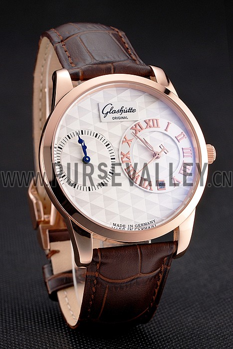 Glashutte Original Silver Dial Rose Gold Case Brown Leather Strap