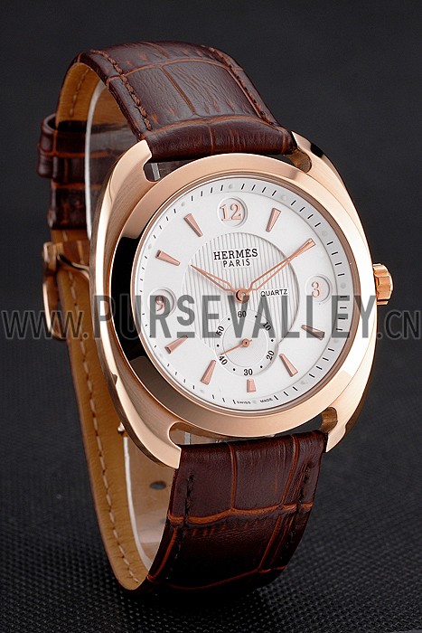 Hermes Dressage White Dial Rose Gold Case Brown Leather Strap
