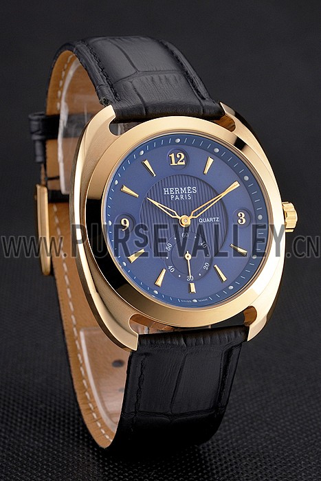 Hermes Dressage Blue Dial Gold Case Black Leather Strap