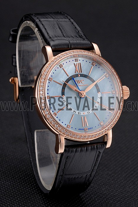 IWC Portofino Day And Night Pearl Dial Rose Gold Case Black Leather Strap