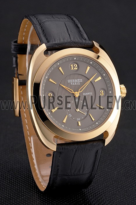 Hermes Dressage Gray Dial Gold Case Black Leather Strap