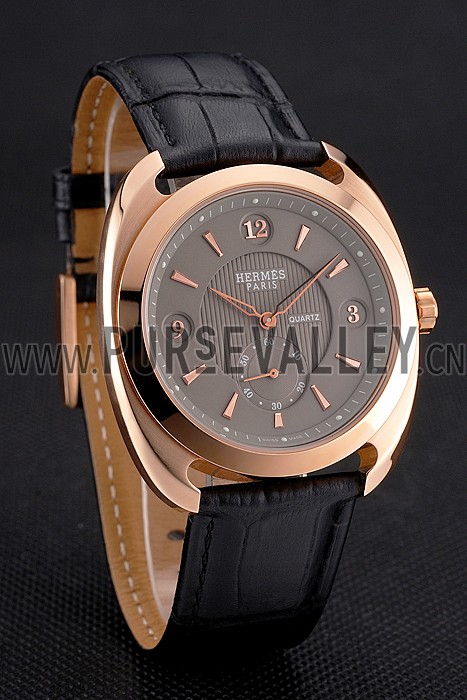 Hermes Dressage Light Brown Dial Rose Gold Case Black Leather Strap