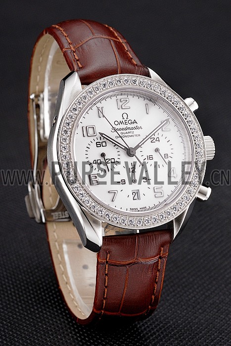 Omega Speedmaster White Dial Stainless Steel Case Diamond Bezel Brown Leather Strap