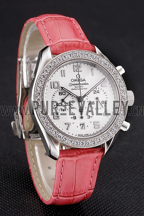 Omega Speedmaster White Dial Stainless Steel Case Diamond Bezel Pink Leather Strap