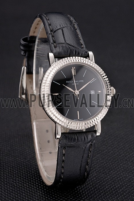 Patek Philippe Calatrava Black Dial Double Ribbed Bezel Stainless Steel Case Black Leather Strap