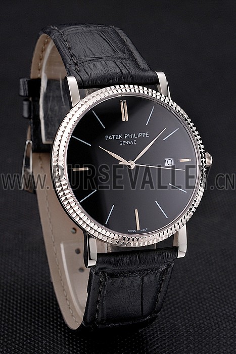 Patek Philippe Calatrava Black Dial Ribbed Bezel Stainless Steel Case Black Leather Strap