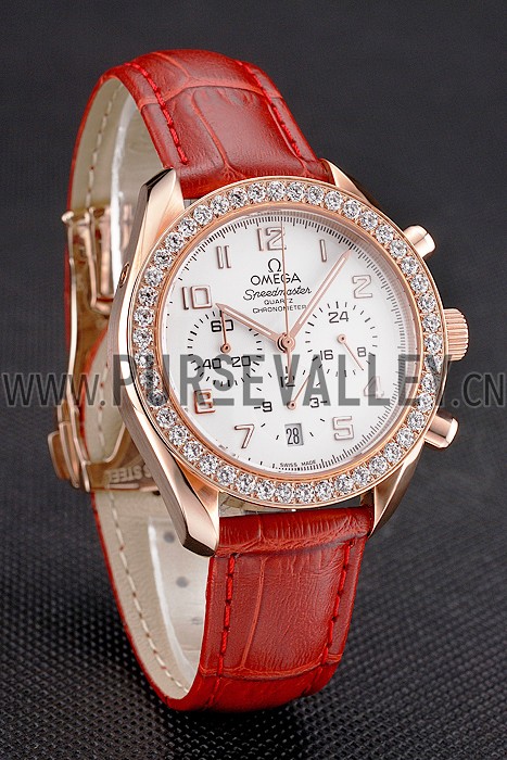 Omega Speedmaster White Dial Rose Gold Case Diamond Bezel Red Leather Strap