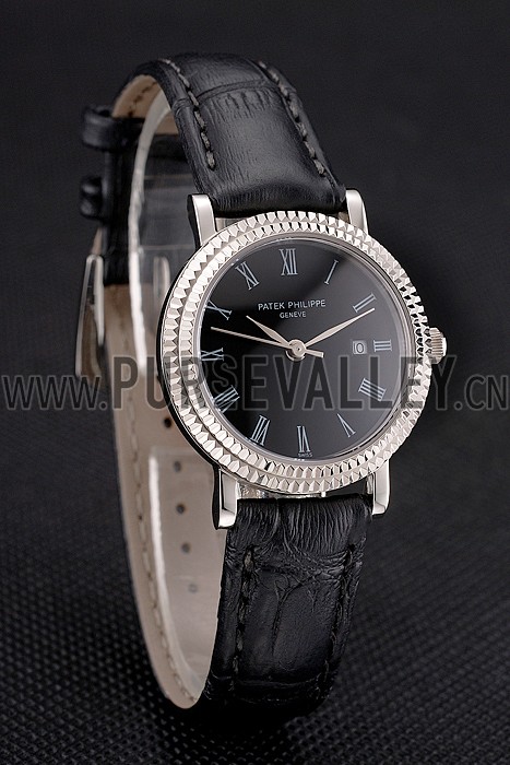 Patek Philippe Calatrava Black Dial Roman Numerals Double Ribbed Bezel Stainless Steel Case Black Leather Strap