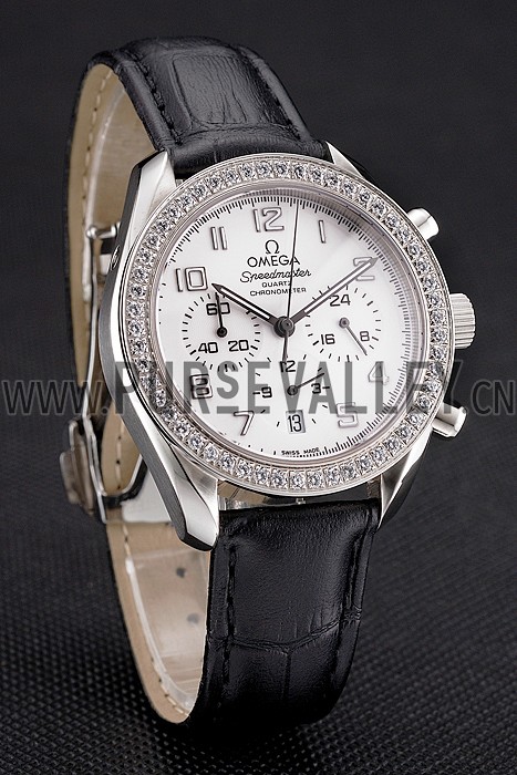 Omega Speedmaster White Dial Stainless Steel Case Diamond Bezel Black Leather Strap