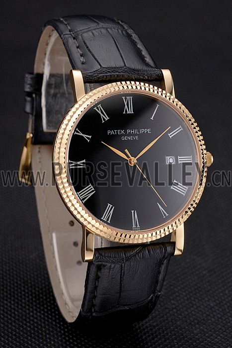 Patek Philippe Calatrava Black Dial Roman Numerals Ribbed Bezel Gold Case Black Leather Strap