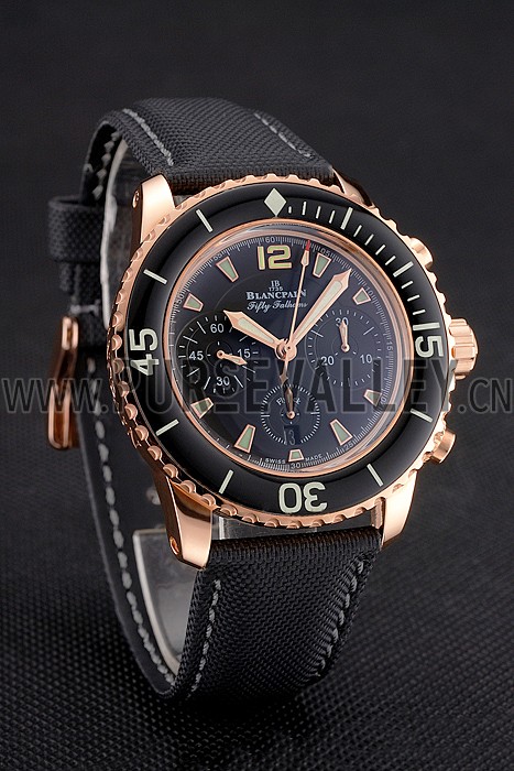 Swiss Blancpain Fifty Fathoms Flyback Chronograph Black Dial Black Bezel Rose Gold Case Black Canvas Strap