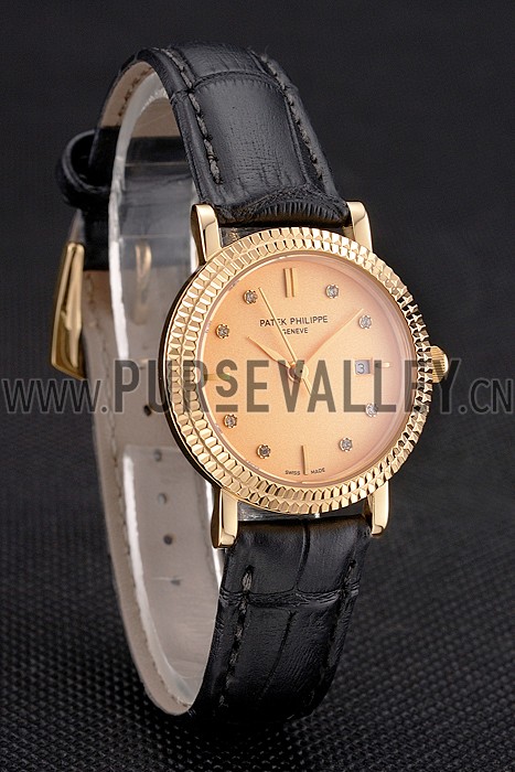 Patek Philippe Calatrava Gold Dial Dimond Hour Marks Double Ribbed Bezel Gold Case Black Leather Strap