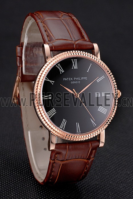 Patek Philippe Calatrava Black Dial Roman Numerals Ribbed Bezel Rose Gold Case Brown Leather Strap