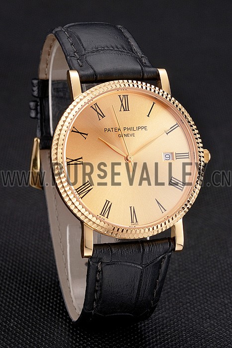 Patek Philippe Calatrava Gold Dial Roman Numerals Ribbed Bezel Gold Case Black Leather Strap