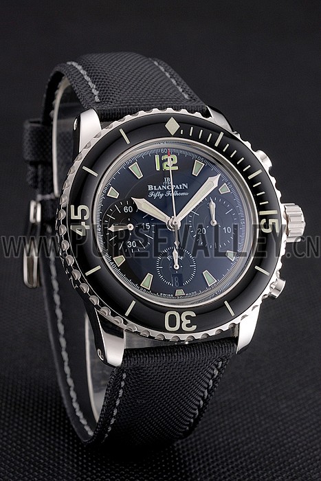 Swiss Blancpain Fifty Fathoms Flyback Chronograph Black Dial Black Bezel Stainless Steel Case Black Canvas Strap