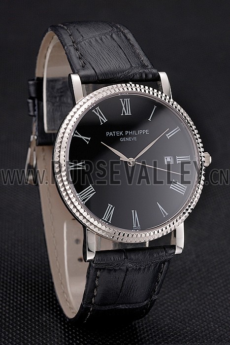 Patek Philippe Calatrava Black Dial Roman Numerals Ribbed Bezel Stainless Steel Case Black Leather Strap