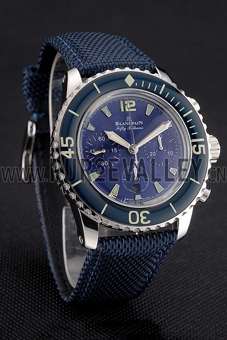Swiss Blancpain Fifty Fathoms Flyback Chronograph Blue Dial Blue Bezel Stainless Steel Case Blue Canvas Strap