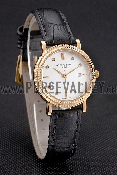 Patek Philippe Calatrava White Dial Diamond Hour Marks Double Ribbed Bezel Gold Case Black Leather Strap