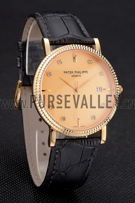 Patek Philippe Calatrava Gold Dial Diamond Hour Marks Ribbed Bezel Gold Case Black Leather Strap