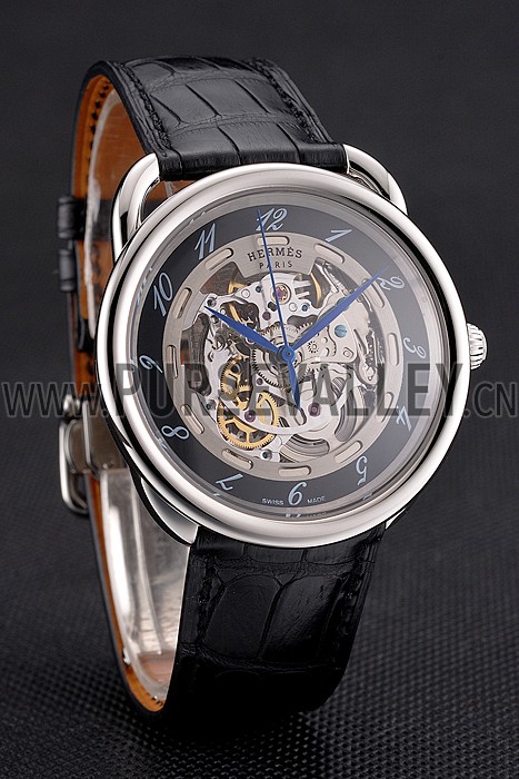 Swiss Hermes Arceau Skeleton Black Dial Blue Hands Stainless Steel Case Black Leather Strap