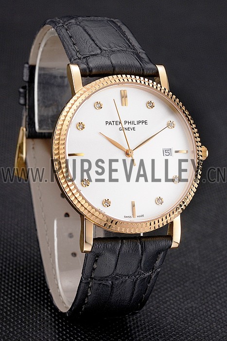 Patek Philippe Calatrava White Dial Diamond Hour Marks Ribbed Bezel Gold Case Black Leather Strap