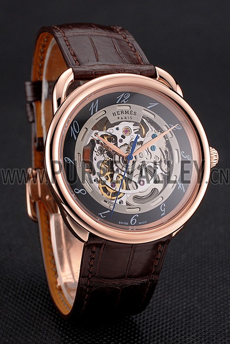 Swiss Hermes Arceau Skeleton Black Dial Brown Hands Rose Gold Case Brown Leather Strap