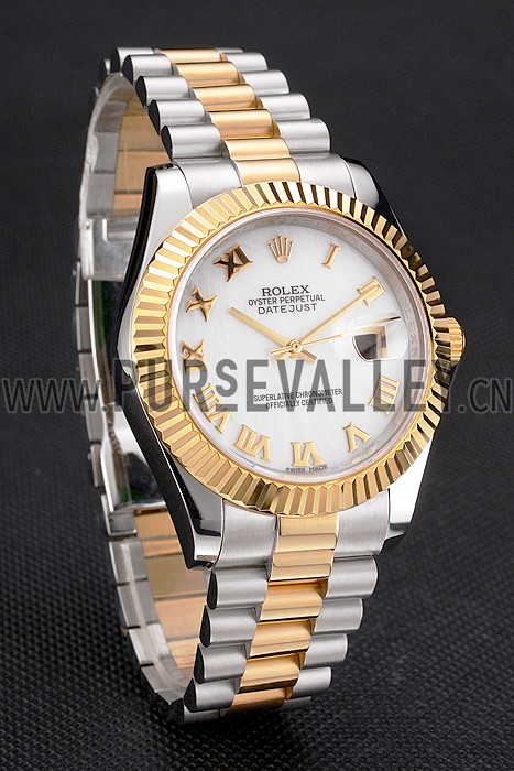 Swiss Rolex Datejust White Dial Roman Numerals Gold Bezel Stainless Steel Case Two Tone Bracelet
