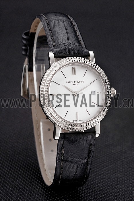 Patek Philippe Calatrava White Dial Double Ribbed Bezel Stainless Steel Case Black Leather Strap