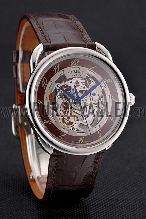 Swiss Hermes Arceau Skeleton Brown Dial Blue Hands Stainless Steel Case Brown Leather Strap