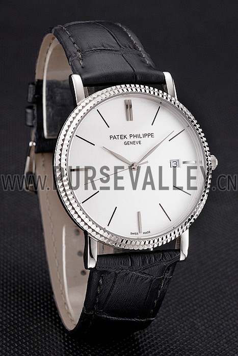 Patek Philippe Calatrava White Dial Ribbed Bezel Stainless Steel Case Black Leather Strap