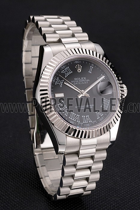 Swiss Rolex Datejust Black Dial Roman Numerals Stainless Steel Case And Bracelet