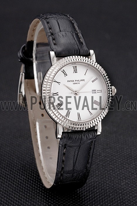 Patek Philippe Calatrava White Dial Roman Numerals Double Ribbed Bezel Stainless Steel Case Black Leather Strap