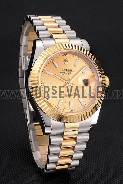 Swiss Rolex Datejust Gold Dial Gold Bezel Stainless Steel Case Two Tone Bracelet