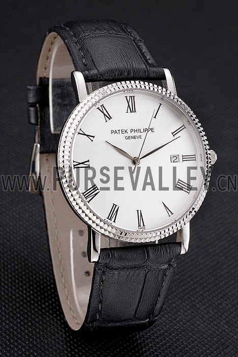 Patek Philippe Calatrava White Dial Roman Numerals Ribbed Bezel Stainless Steel Case Black Leather Strap