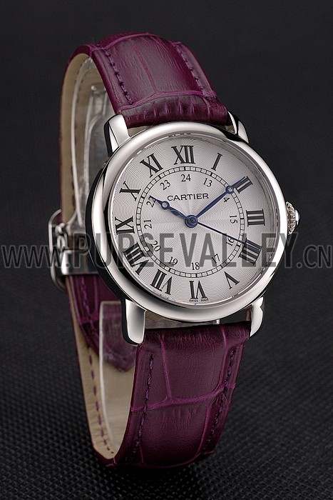 Cartier Ronde White Dial Stainless Steel Case Purple Leather Strap