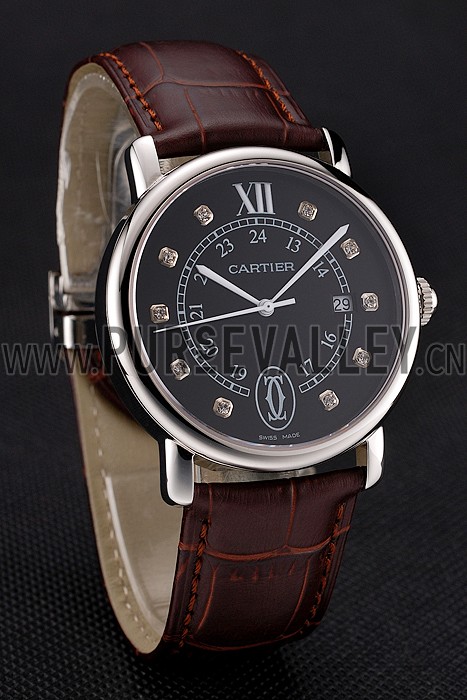 Cartier Ronde Solo Black Dial Diamond Hour Marks Stainless Steel Case Brown Leather Strap