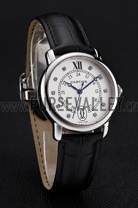 Cartier Ronde White Dial Diamond Hour Marks Stainless Steel Case Black Leather Strap