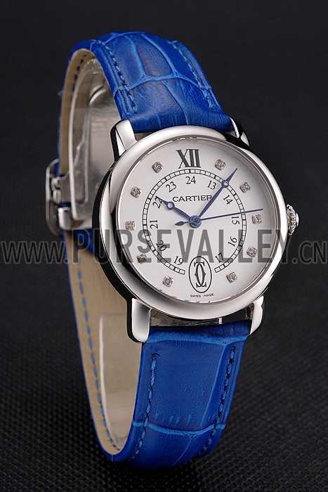 Cartier Ronde White Dial Diamond Hour Marks Stainless Steel Case Blue Leather Strap